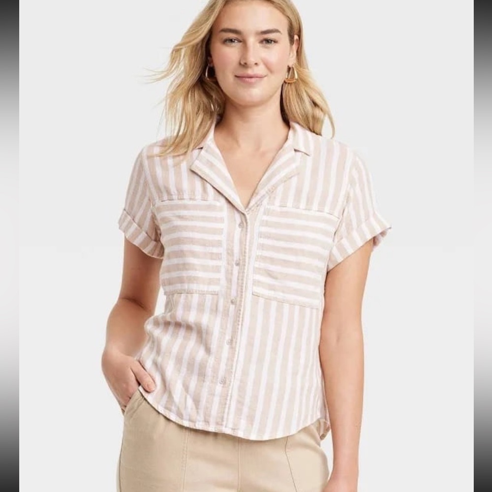 Striped Button-Front Short Sleeve Top